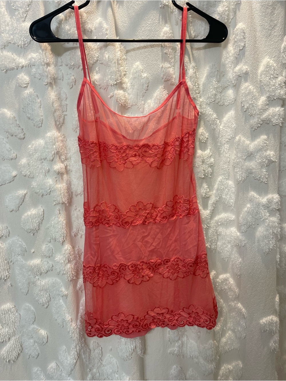 Vintage Risqué salmon pink lace mini dress with floral lace trim